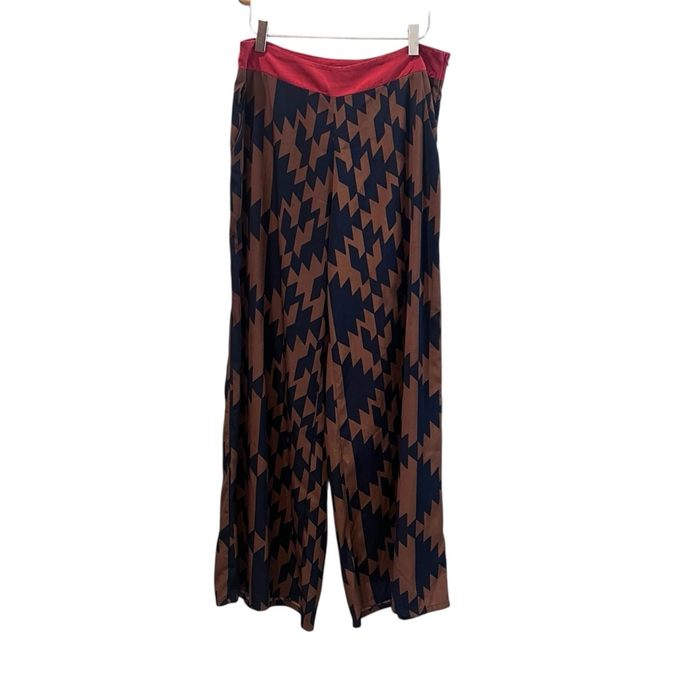 Audrey Navy Brown Geometric Wide Leg Pants Boho Relaxed Fit